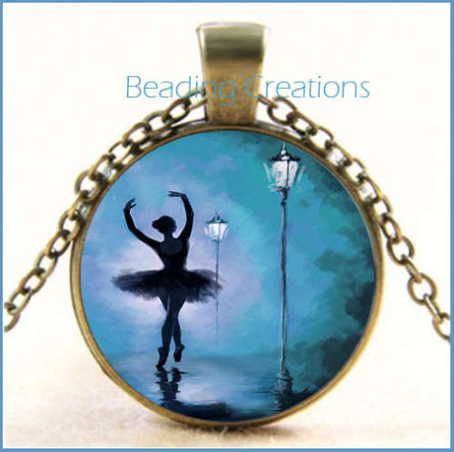 NECKLACE WITH CHAIN - CABOCHON - BALLET DANCER - ANTIQUE BRONZE - GLASS PENDANT