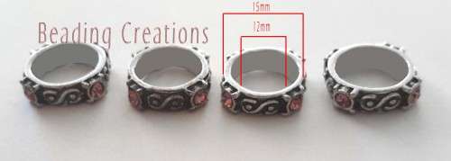 LARGE HOLE - PEWTER - RINGS - SCROLL DETAIL - ANTIQUE SILVER -  PINK RHINESTONES - 15mm