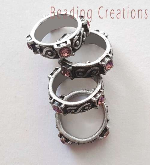 LARGE HOLE - PEWTER - RINGS - SCROLL DETAIL - ANTIQUE SILVER -  PINK RHINESTONES - 15mm