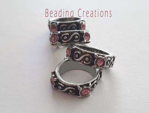 LARGE HOLE - PEWTER - RINGS - SCROLL DETAIL - ANTIQUE SILVER -  PINK RHINESTONES - 15mm