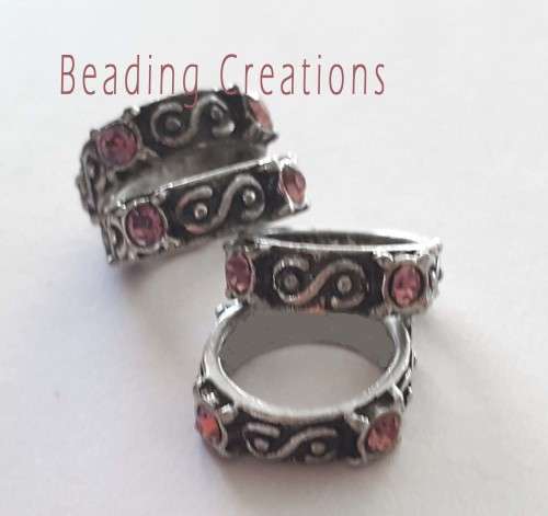 LARGE HOLE - PEWTER - RINGS - SCROLL DETAIL - ANTIQUE SILVER -  PINK RHINESTONES - 15mm