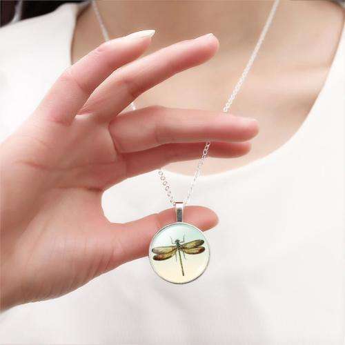 Liebe Engel Necklace With Link Chain Included Dragonfly Cabochon Silver Glass Pendant