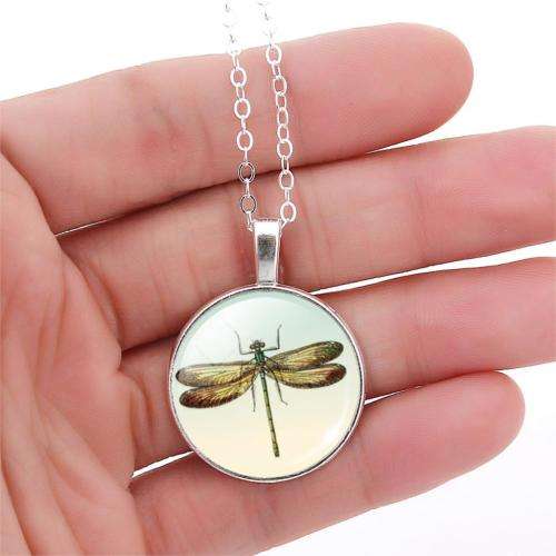 Liebe Engel Necklace With Link Chain Included Dragonfly Cabochon Silver Glass Pendant