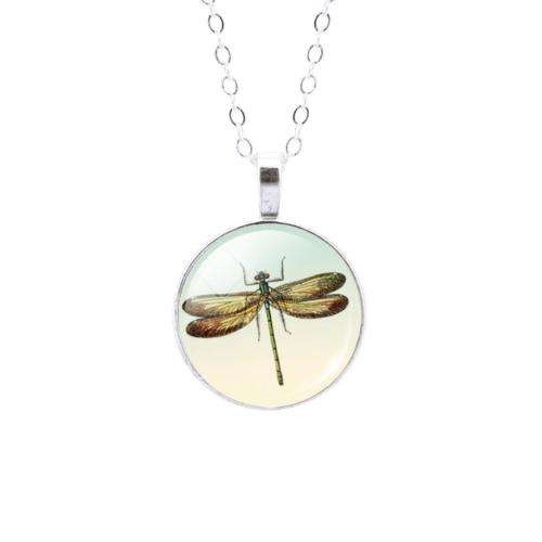 Liebe Engel Necklace With Link Chain Included Dragonfly Cabochon Silver Glass Pendant