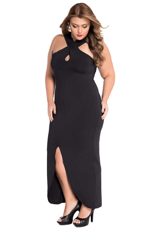***PLUS SIZE*** GORGEOUS BLACK CROSS HALTER JERSEY DRESS - XL/3XL