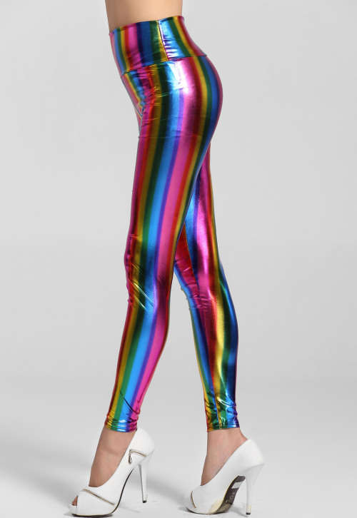 EMPIRE WAIST METALLIC FLUORESCENT RAINBOW LEGGINGS - ONE SIZE