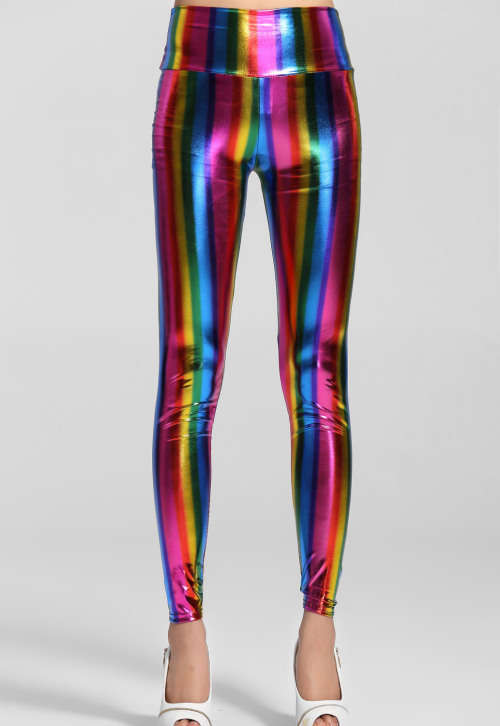 EMPIRE WAIST METALLIC FLUORESCENT RAINBOW LEGGINGS - ONE SIZE