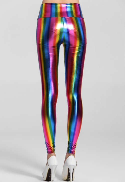EMPIRE WAIST METALLIC FLUORESCENT RAINBOW LEGGINGS - ONE SIZE