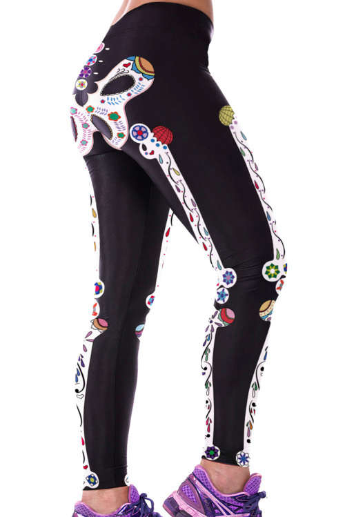 ARTISTIC SKELETON BONES PRINT HIGH STRETCH YOGA SPORTS LEGGINGS - ONE SIZE