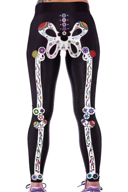 ARTISTIC SKELETON BONES PRINT HIGH STRETCH YOGA SPORTS LEGGINGS - ONE SIZE