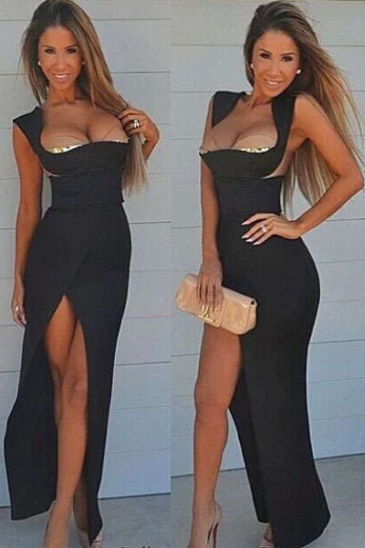 ***HOT SPECIAL*** SEXY LONG BLACK MAXI EVENING DRESS WITH THIGH HIGH SLIT - ONE SIZE