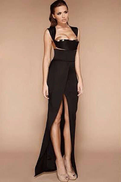 ***HOT SPECIAL*** SEXY LONG BLACK MAXI EVENING DRESS WITH THIGH HIGH SLIT - ONE SIZE