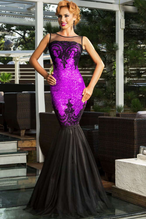 PURPLE SEQUIN AND BLACK APPLIQU¿¿ MERMAID EVENING DRESS - LARGE