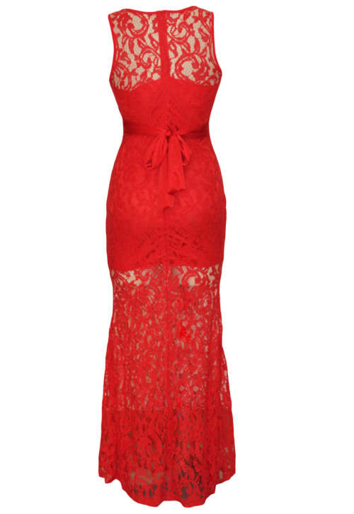 GLAMOROUS RED LACE MAXI DRESS - MEDIUM