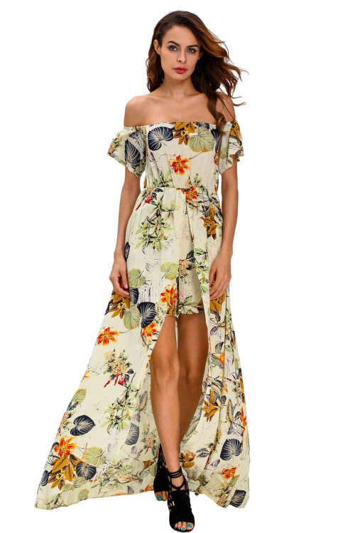 BEIGE MULTI-COLOR BOHO FLORAL PRINT ROMPER MAXI DRESS - S/M/L