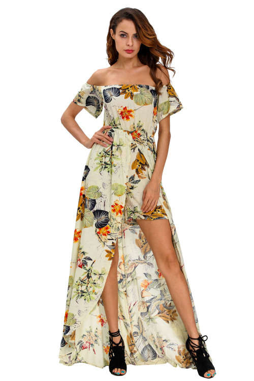 BEIGE MULTI-COLOR BOHO FLORAL PRINT ROMPER MAXI DRESS - S/M/L