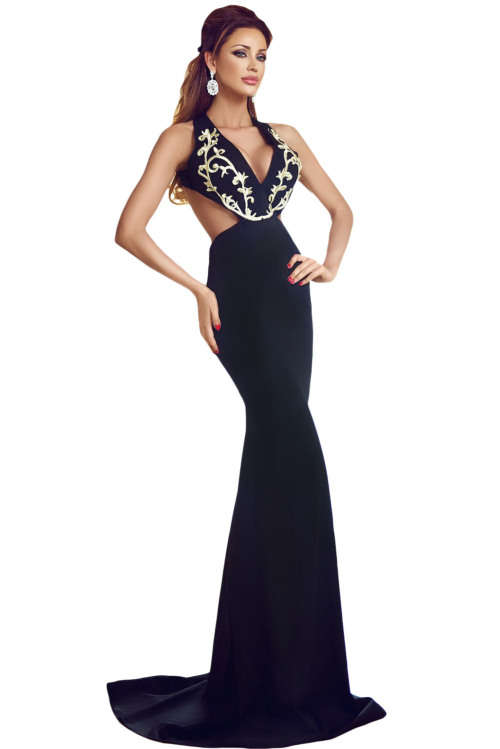 STUNNING GOLD EMBROIDERY DEEP V PLUNGE CROSS BACK EVENING GOWN - M/L