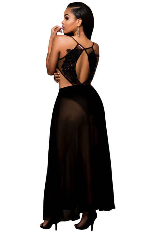 LOVELY BLACK FLORAL APPLIQUE SHEER BODYSUIT DRESS - S/M