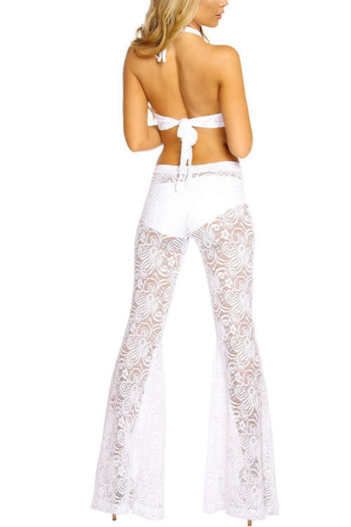 WHITE LACE HALTER TOP AND BELL BOTTOM PANT SET - S/M/L