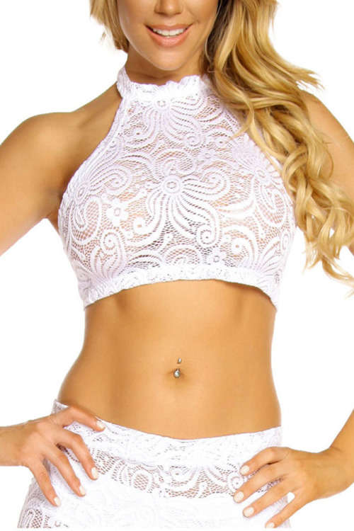 WHITE LACE HALTER TOP AND BELL BOTTOM PANT SET - S/M/L