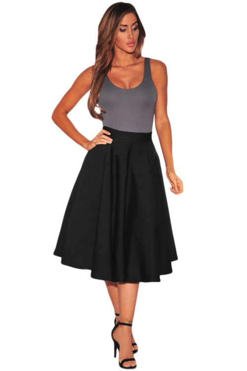 BLACK FLARED A-LINE MIDI SKIRT - S/M/L