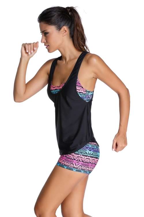 MULTICOLOR SPORTS BRA TANKINI SWIMSUIT WITH BLACK VEST - S/M/L/XL/2XL