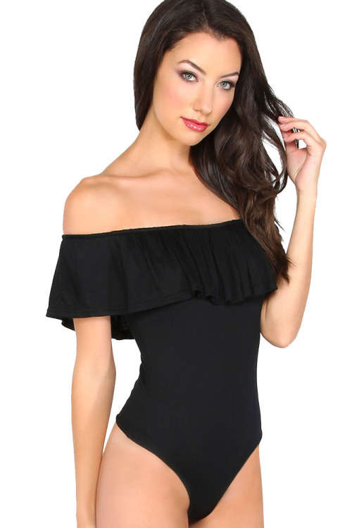 BLACK OFF SHOULDER RUFFLE BODYSUIT - S/M/L
