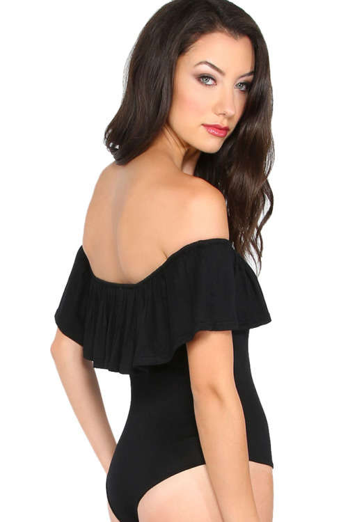 BLACK OFF SHOULDER RUFFLE BODYSUIT - S/M/L