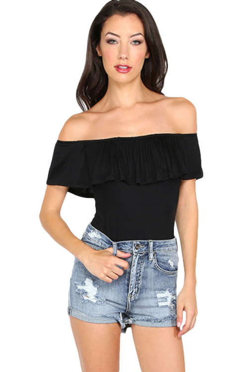 BLACK OFF SHOULDER RUFFLE BODYSUIT - S/M/L