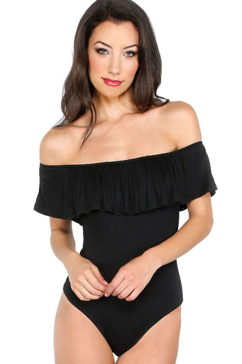 BLACK OFF SHOULDER RUFFLE BODYSUIT - S/M/L