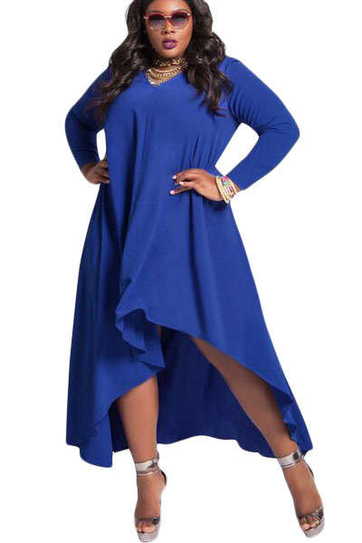 ***PLUS SIZE*** BLUE V NECK LONG SLEEVE HIGH LOW DRESS