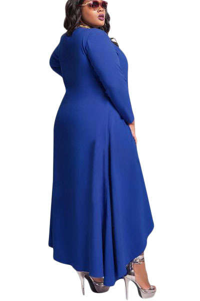 ***PLUS SIZE*** BLUE V NECK LONG SLEEVE HIGH LOW DRESS