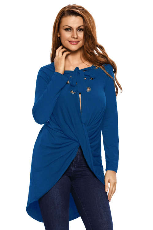 BLUE LACE UP LONG SLEEVE RUCHED PULLOVER SHIRT - ONE SIZE