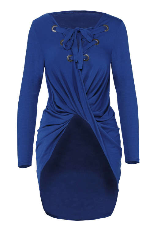 BLUE LACE UP LONG SLEEVE RUCHED PULLOVER SHIRT - ONE SIZE
