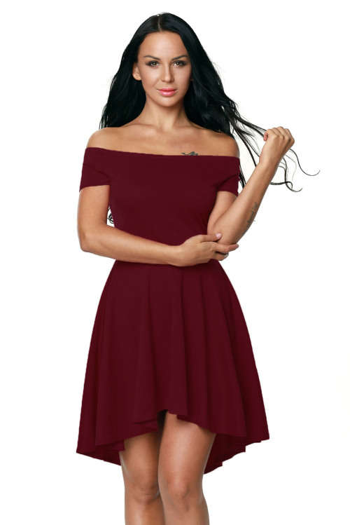 BURGUNDY OFF SHOULDER HIGH LOW SKATER DRESS - S/M/L/XL/2XL