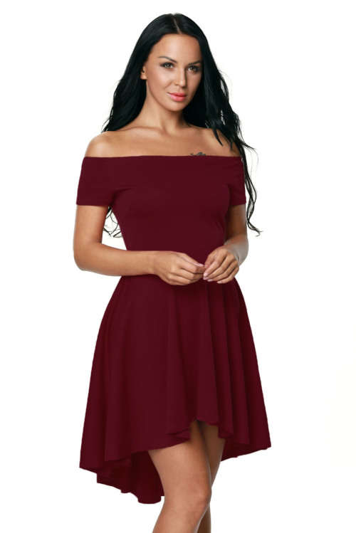 BURGUNDY OFF SHOULDER HIGH LOW SKATER DRESS - S/M/L/XL/2XL