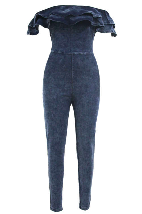 SEXY BLUE RUFFLE OFF SHOULDER DENIM JUMPSUIT - S/M/L