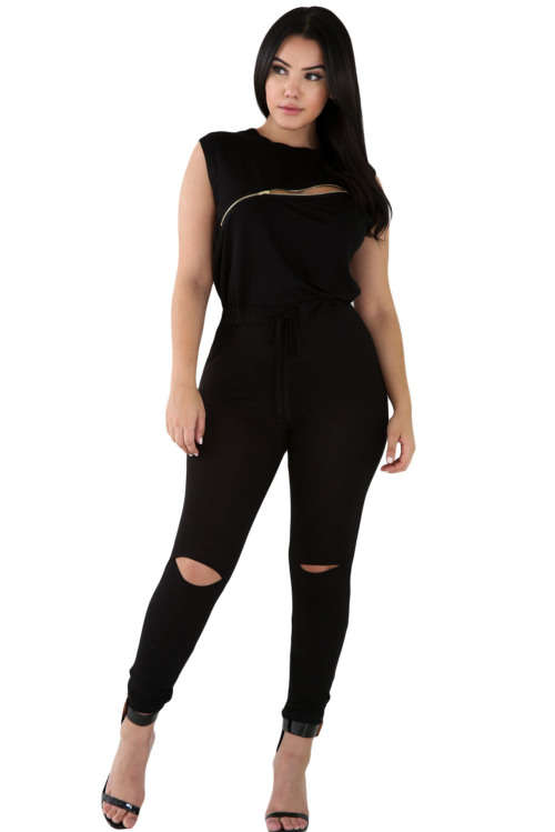 TRENDY BLACK ZIP FRONT DETAIL JUMPSUIT - S/M/L