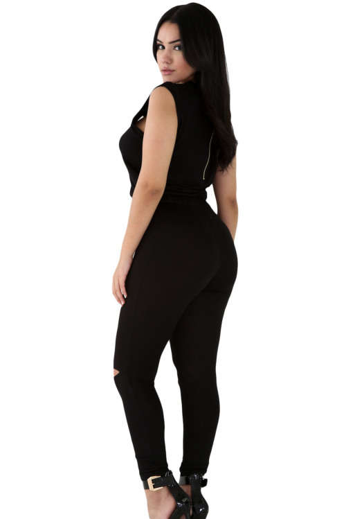 TRENDY BLACK ZIP FRONT DETAIL JUMPSUIT - S/M/L