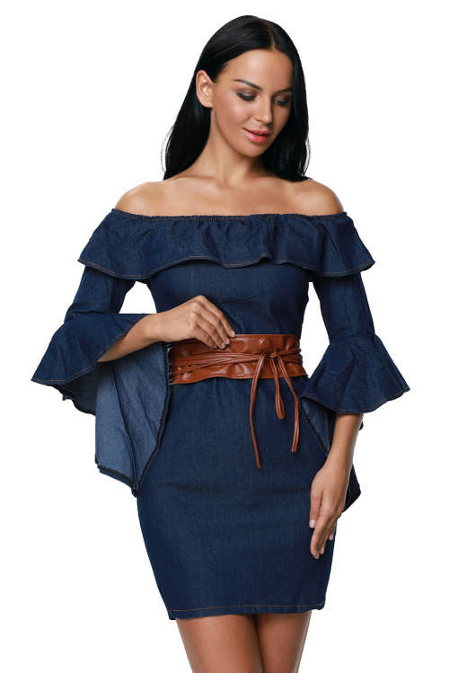 SEXY OFF SHOULDER BELTED DENIM MINI DRESS - S/M/L