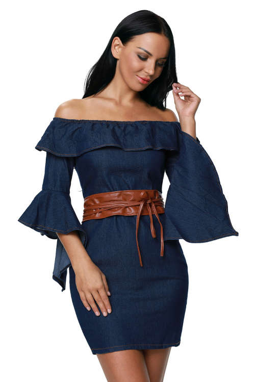 SEXY OFF SHOULDER BELTED DENIM MINI DRESS - S/M/L
