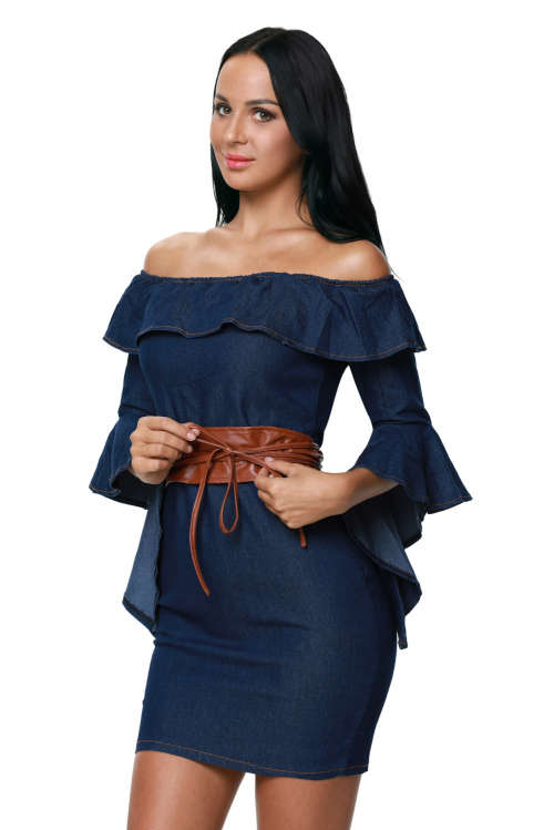 SEXY OFF SHOULDER BELTED DENIM MINI DRESS - S/M/L