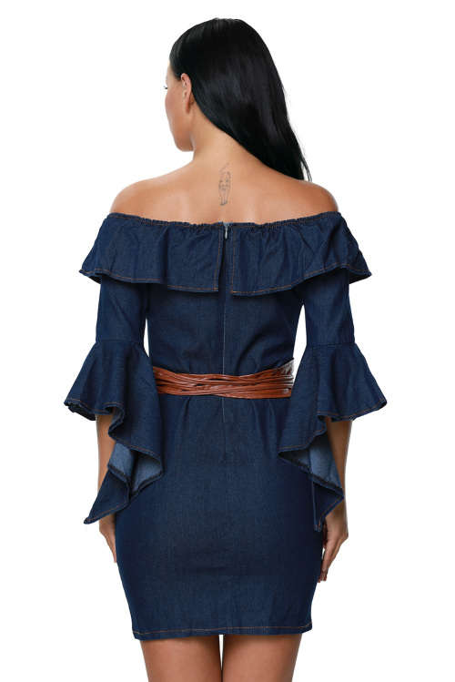SEXY OFF SHOULDER BELTED DENIM MINI DRESS - S/M/L