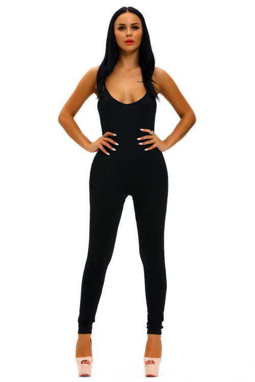 BLACK SPAGHETTI STRAPS SIMPLE STRETCH JUMPSUIT - S/M/L