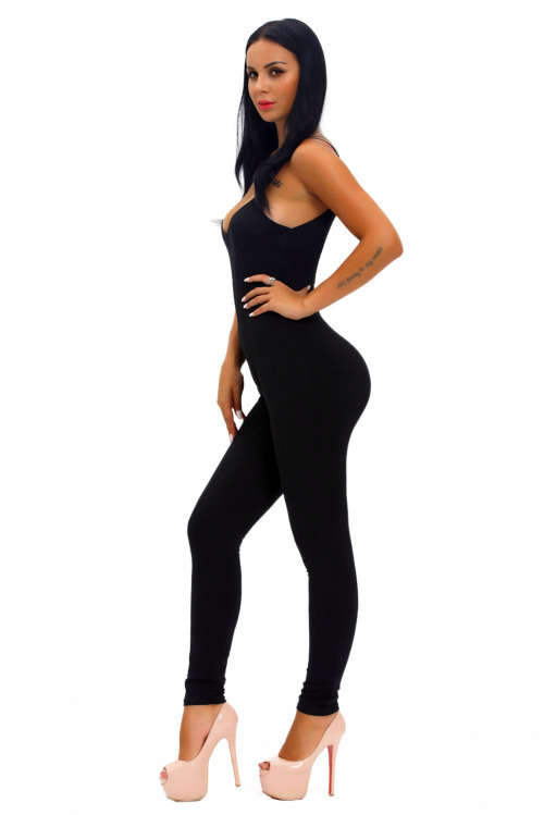 BLACK SPAGHETTI STRAPS SIMPLE STRETCH JUMPSUIT - S/M/L