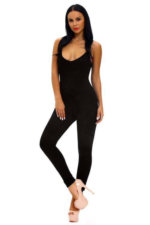 BLACK SPAGHETTI STRAPS SIMPLE STRETCH JUMPSUIT - S/M/L
