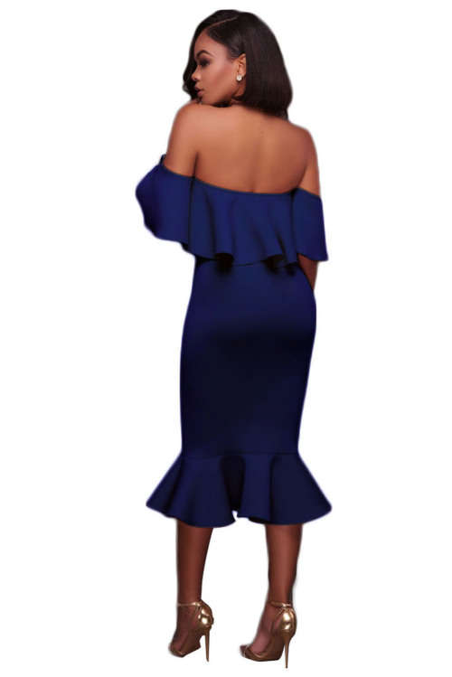 BLUE RUFFLE OFF SHOULDER MERMAID MIDI PARTY DRESS - S/M/L/XL