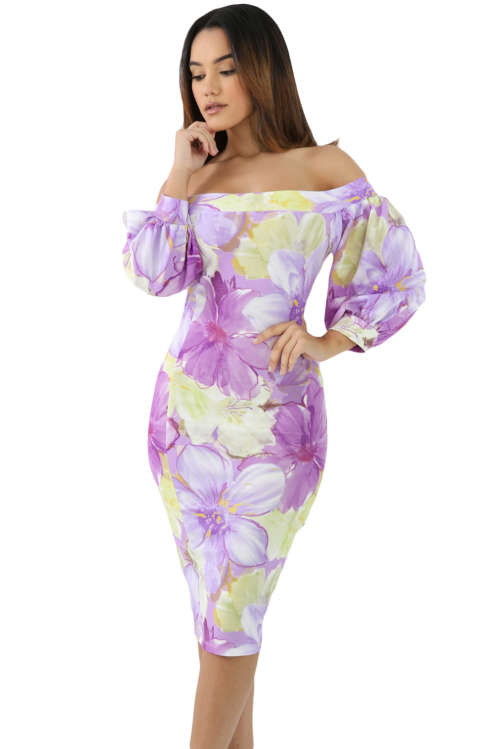ELEGANT LILAC FLORAL OFF SHOULDER BOHO DRESS - S/M/L