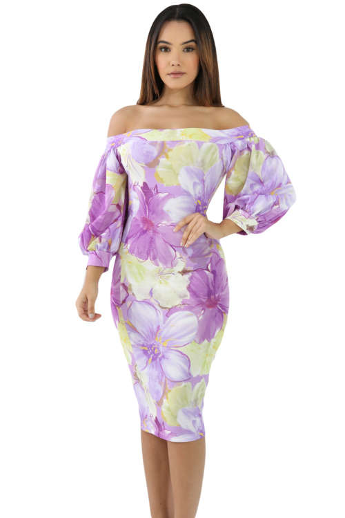 ELEGANT LILAC FLORAL OFF SHOULDER BOHO DRESS - S/M/L