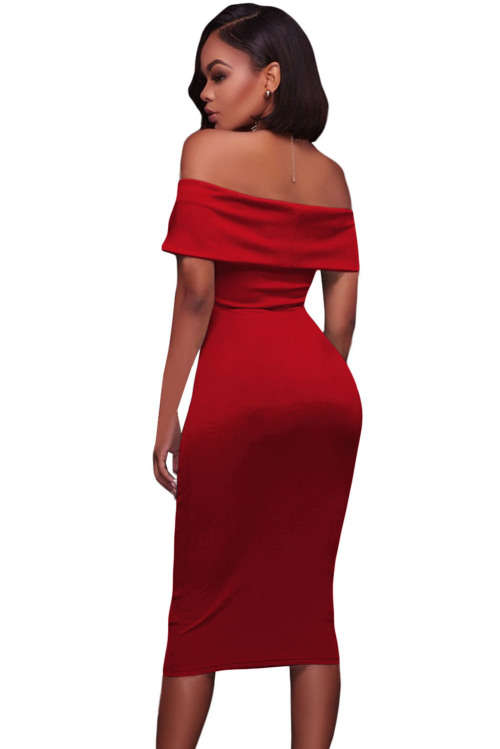 ELEGANT RED RUCHED OFF SHOULDER FORMAL COCKTAIL PARTY BODYCON MIDI DRESS - S/M/L/XL